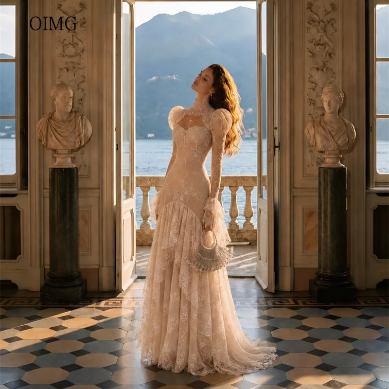 OIMG Pink Lace High Neck A Line Prom Gowns Full Sleeves Ruffled Multi-layer Party Gown Floor Length Evening Dress Customized