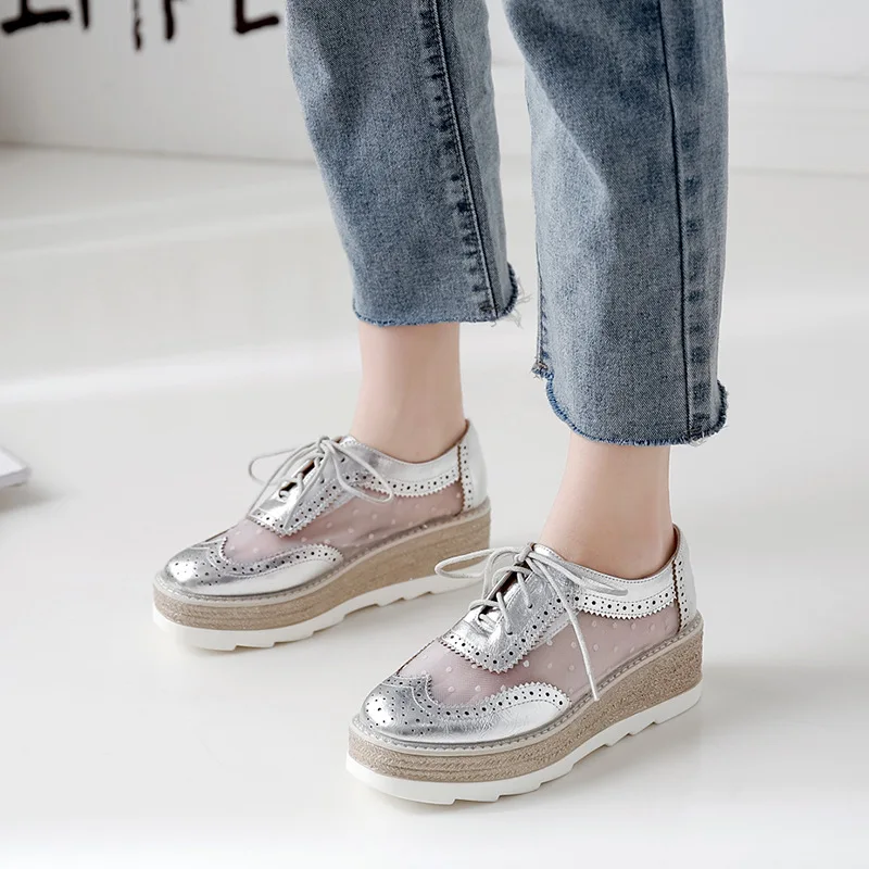 

Heightening Oxford Woman Shoes Mesh Patchwork Lace Up Wedges Platform Shoes Vintage Round Toe Pumps Polka Dot Shallow Loafers