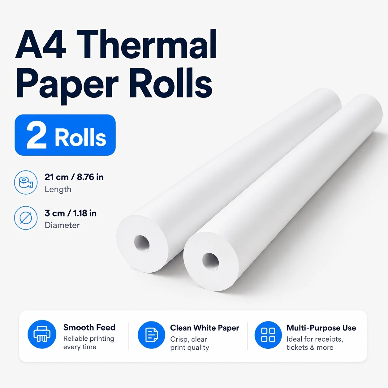 2 Rolls A4 Thermal Paper 210x30mm Quick Dry Inkless Printable Roll Compatible for Portable Printer Office Retail Receipt Label