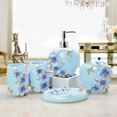 

5Pcs Bathroom Accessories European Aristocracy Bath Sets Lotion Dispenser Resin Cup Toothbrush Holder Romantic manor
