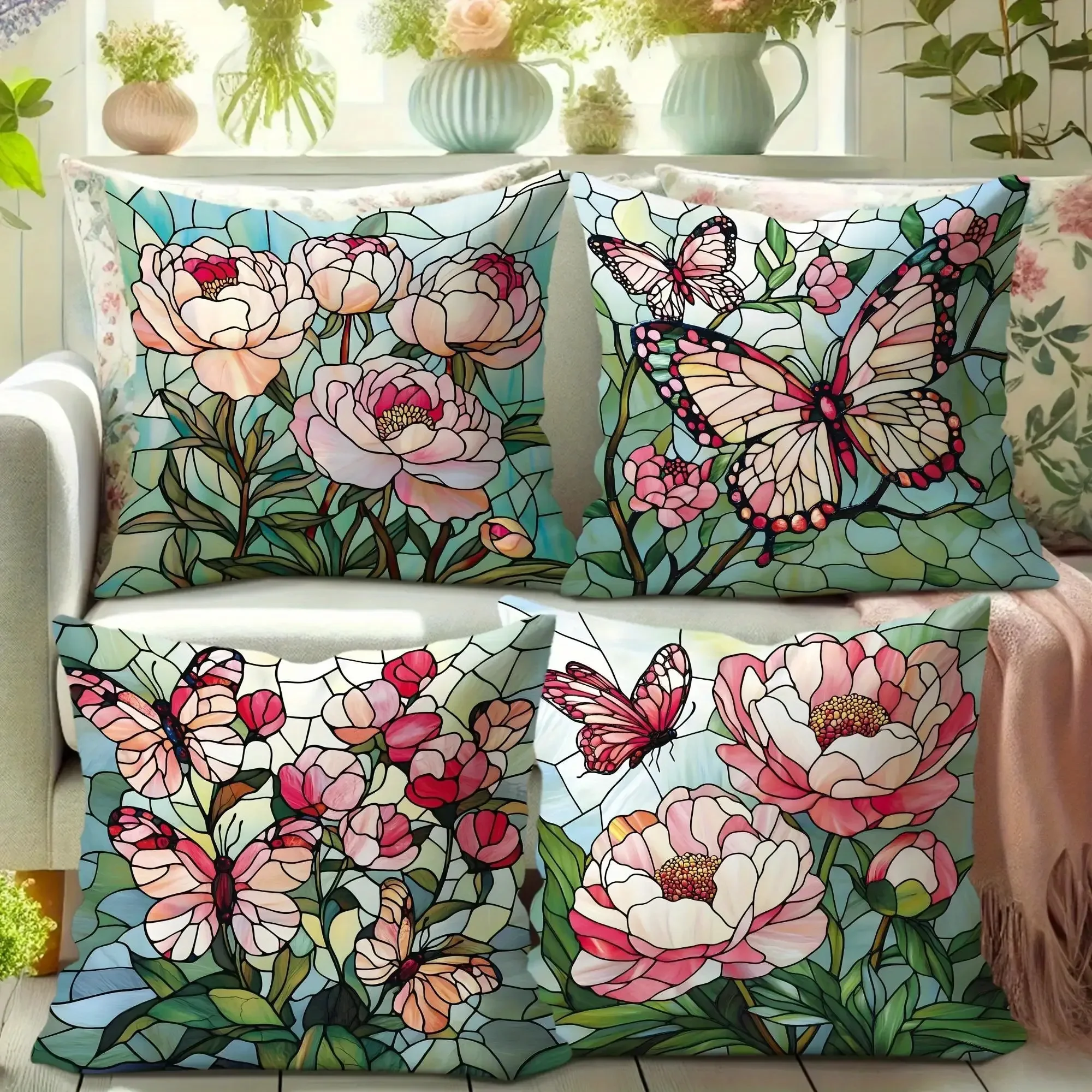 Four-Piece Floral Butterfly Garden Pattern Pillow Covers Set for Home Decor Accent Pillows