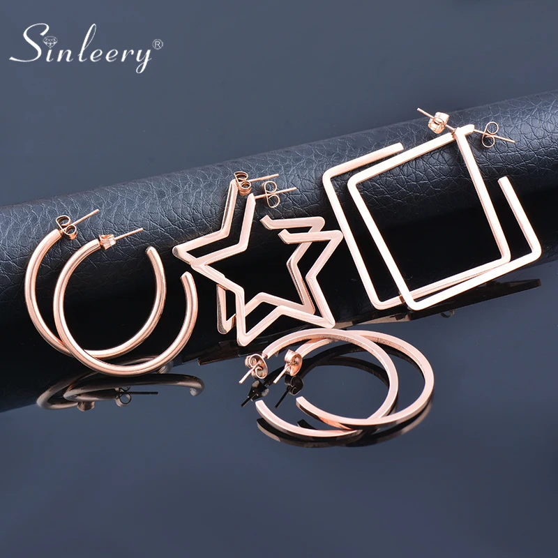 SINLEERY Square Pentagram Round Hoop Earrings Women Party Wear Jewelry Stainless steel earrings Women