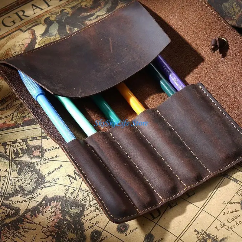 

E65E Multipurpose Retro Leather Pencils Roll Pencil Stylish Pencil Bag Watercolor Pencil for Designer Artist Kids