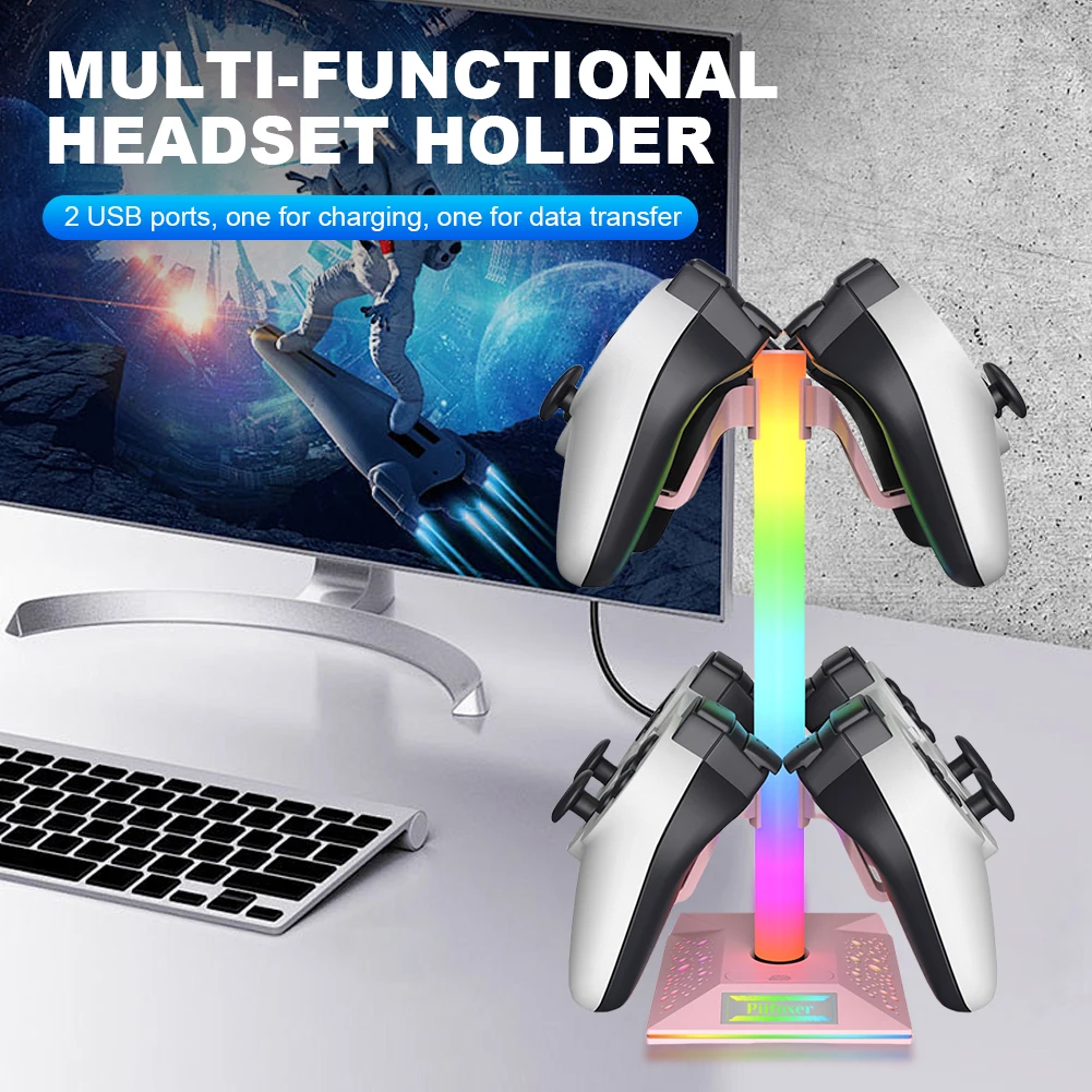 

RGB Game Controller Holder with 2 USB2.0 Ports Gaming Headphones Stand Headset Gamepad Stand for PS5 Gaming Accessories
