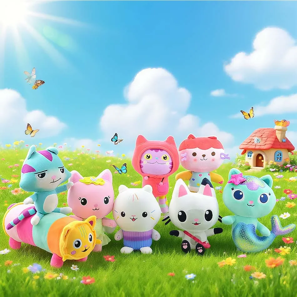 8 piezas Nuevas llaveros de peluche de la casa de muñecas de Gabby, juguete de peluche de Mercat, animales de peluche de dibujos animados, gato sonriente, gato de coche, gato abrazable, regalo de cumpleaños para niña Gaby