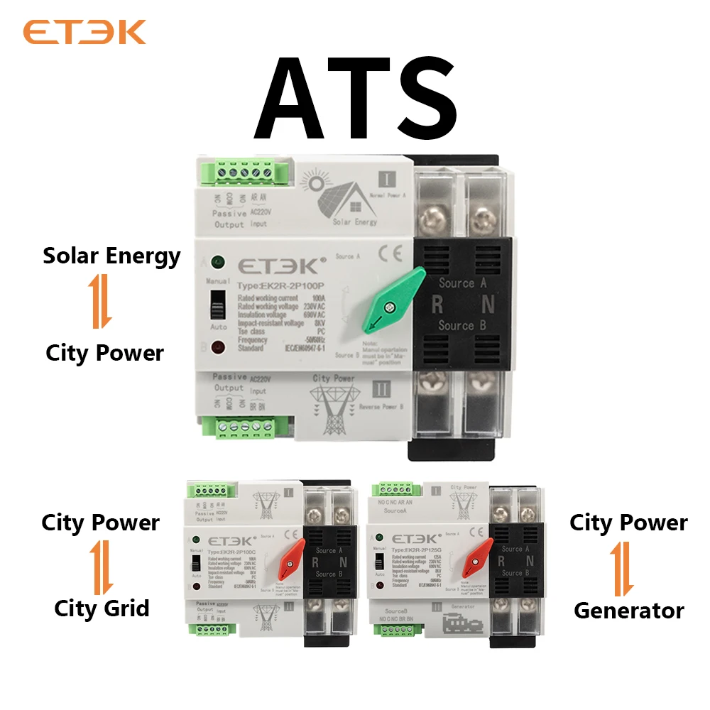 ETEC مفتاح نقل تلقائي مزدوج الطاقة 220 فولت 2P 4P Din Rail ATS مولد إمداد الطاقة والعاكس EK2R. #5