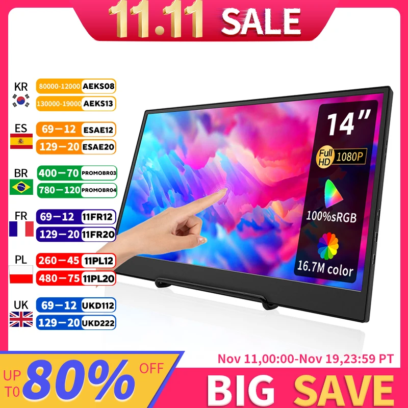 

14inch Touch Screen Portable Monitor FHD 100%SRGB 300cd/m2 PS Expand Screen Laptop Type-C HDMI-Compatible For XBox PS4/ 5 Switch