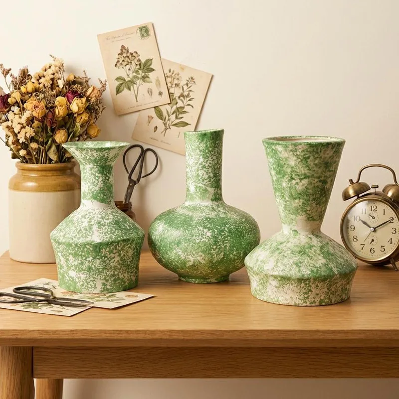 Green White Speckled Textured Ceramic Vase Set, Nordic Rustic Pottery Vase for Dried Flower Tabletop Home Decor