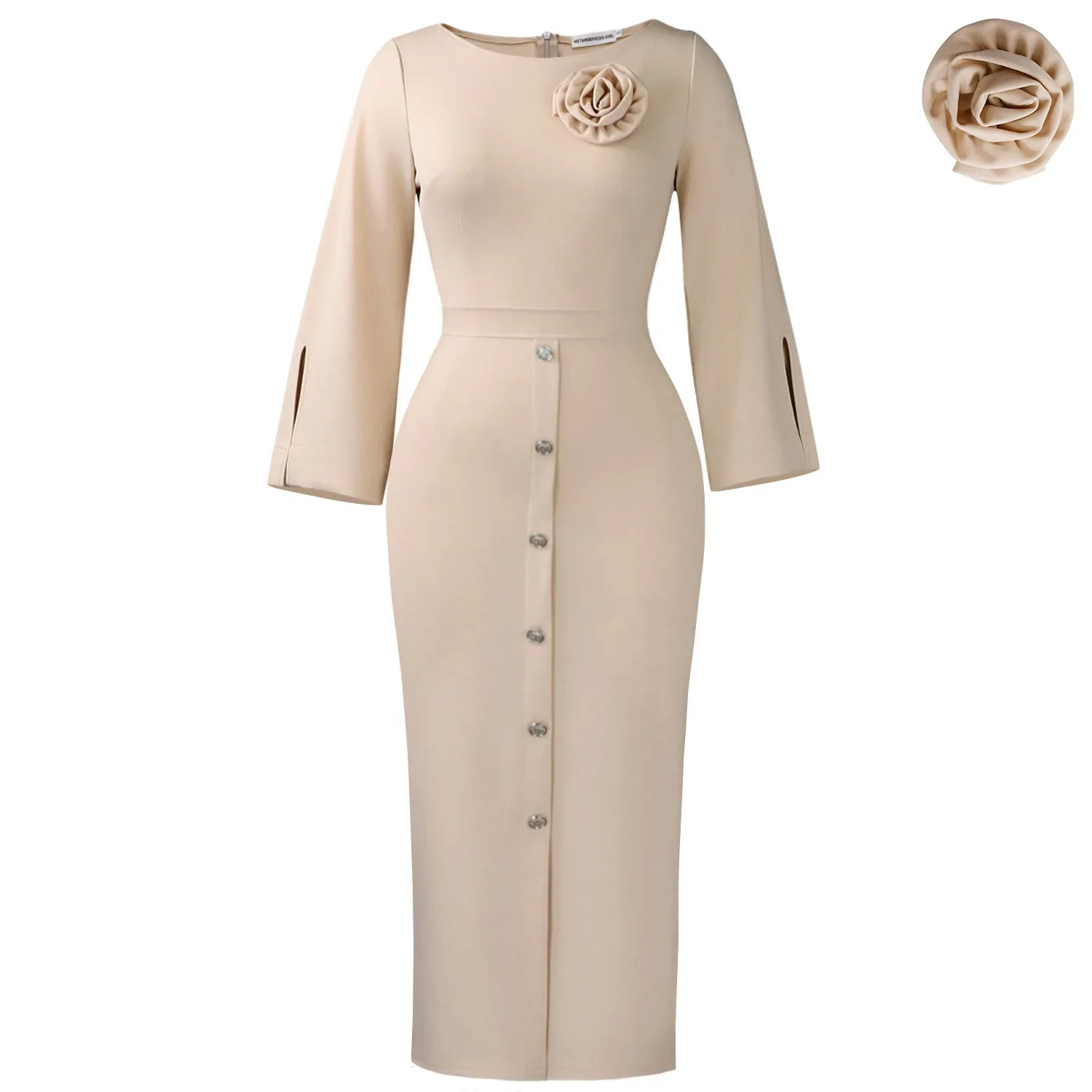 

Latest Trendy Women Elegant Classy Church Dresses Slit Sleeve African Dress Office Ladies Work Formal Events Gown with Flower