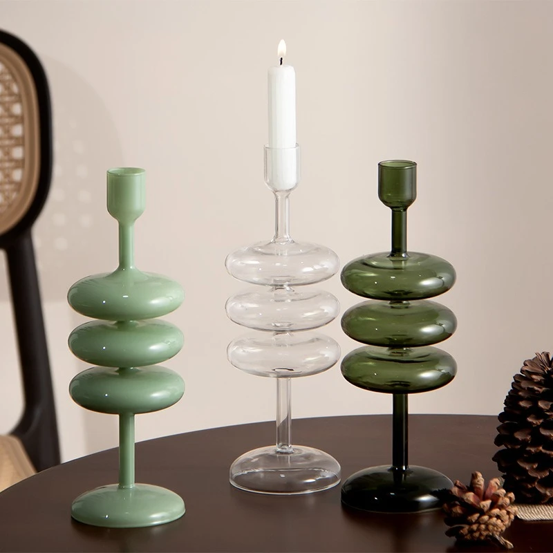 Glass Candlestick Green Geometric Circles Circular High-legged Candle Holder Candle Bases Centerpieces Home Decoration