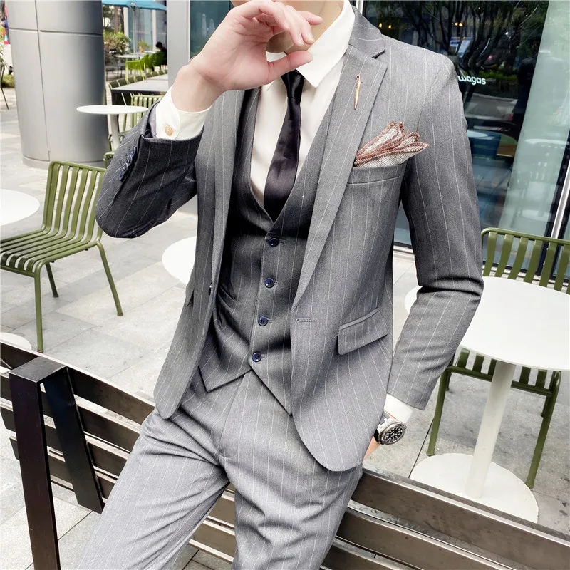 

Blazers Jacket Pants Vest 3 Pieces Set / Fashion New Men's Casual Stripe Business Groom Wedding Suit Coat Trouses Waistcoat