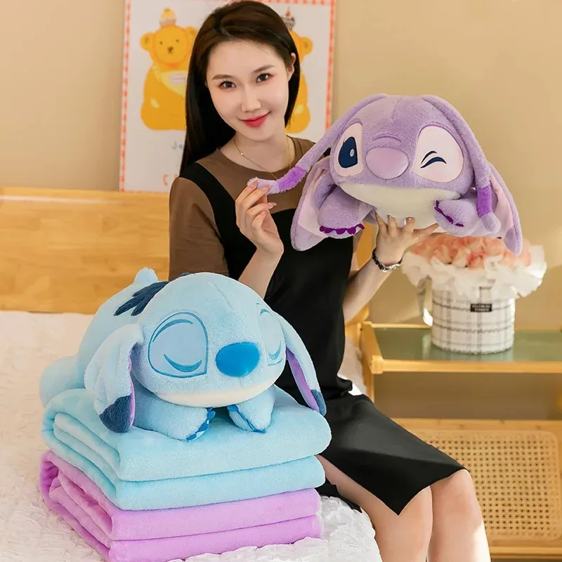 Disney Stitch Plush Cartoon  Blanket 110*160CM Pillow 55CM 2-in-1 Office Car Air Conditioner Is Dual-use Nap Blanket