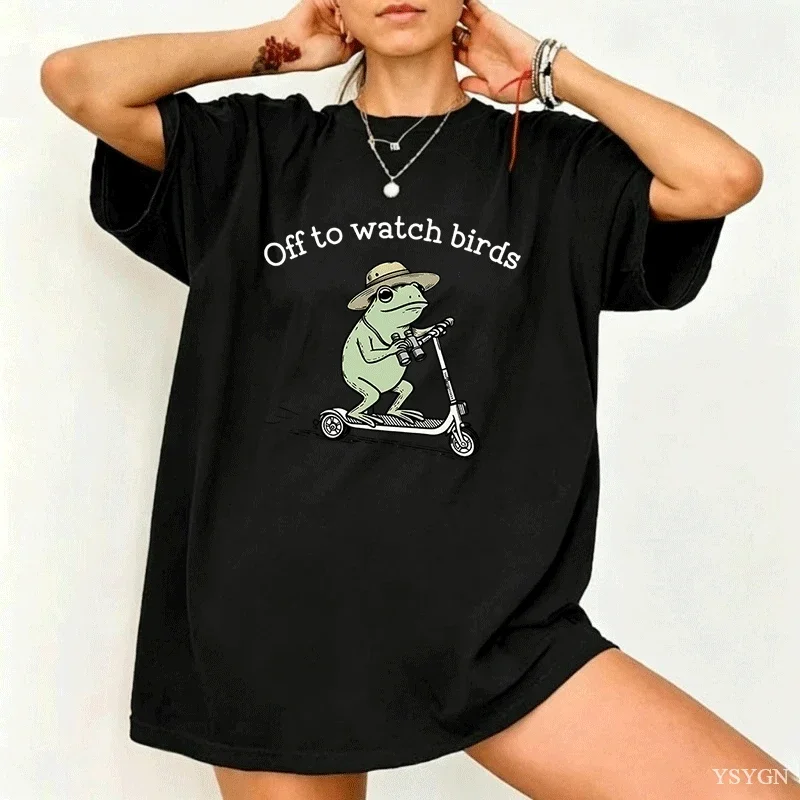 Birdwatching T-Shirt Funny Frog Off To Watch Birds T-Shirts Nature Bird Enthusiast Tee Women Men Short Sleeve Tees Clothing Tops