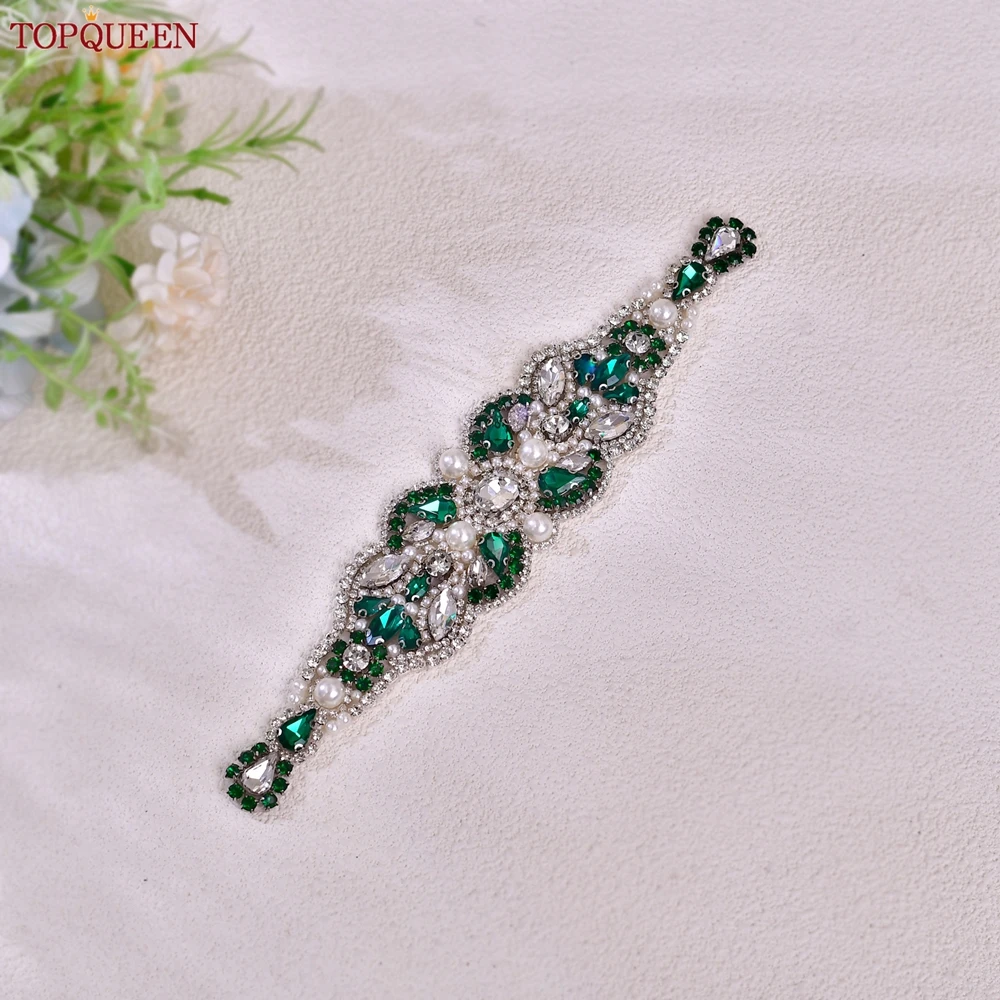 TOPCLS-Ceinture Décorative pour Femme, Accessoires pour Robe de Soirée, Vert Foncé, Strass, Perles Clip, S87