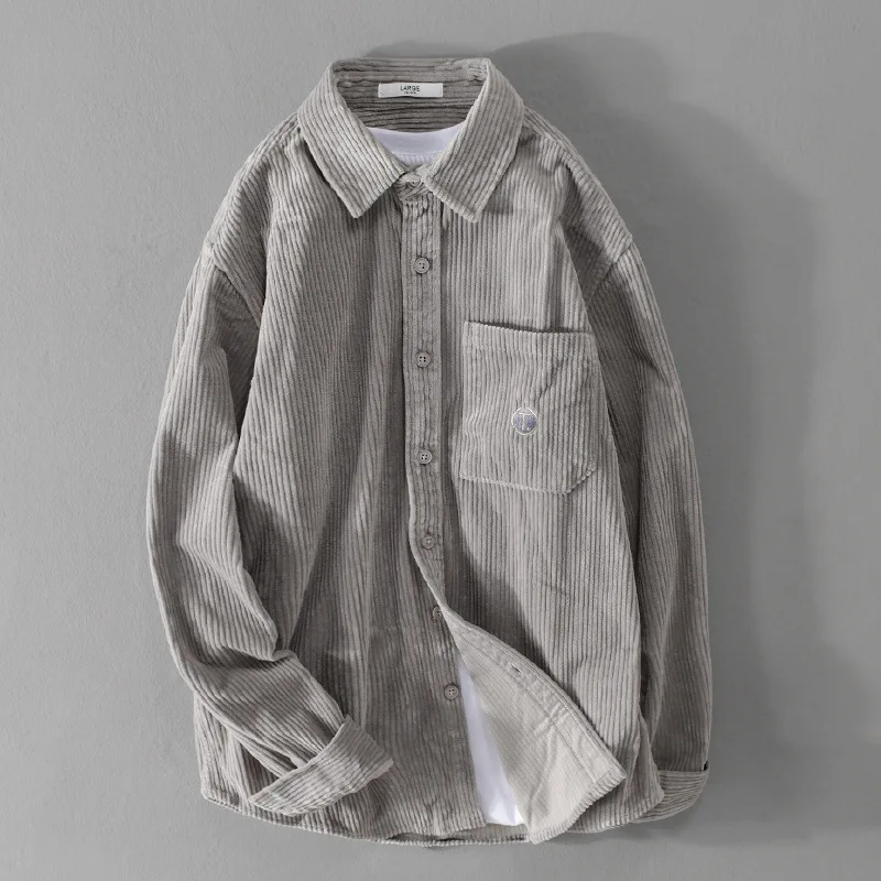 Vintage-Shirt im japanischen Stil Mann Frühling Herbst lässig Langarm hemden Revers Tasche Cord Button-up-Shirt Männer einfache Kleidung