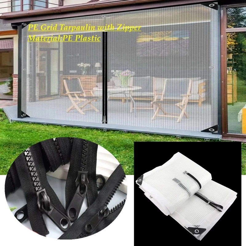 Customize Your PE Grid Tarpaulin with a Zipper Clear Door Curtain Perfect for Yard PergolasZipperTarpsOutdoorMeshRainproofCloths
