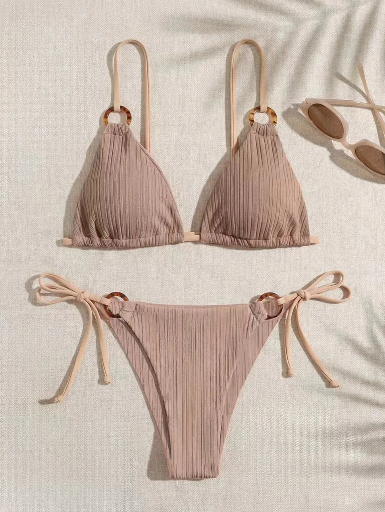 Women's Padded Three-point Bikini Set Solid Color Spaghetti Strap Hoop Sexy Swimsuit Two-piece Swimwear Wireless Bathing Suit - view 5
