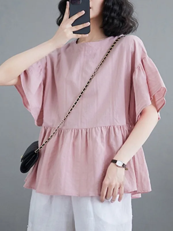 

Summer 2026 Large Size Women's T-Shirt Bell Sleeve Shoulder Drop Doll Shirt Belly Concealing Splice Anti-Aging Cotton Casual