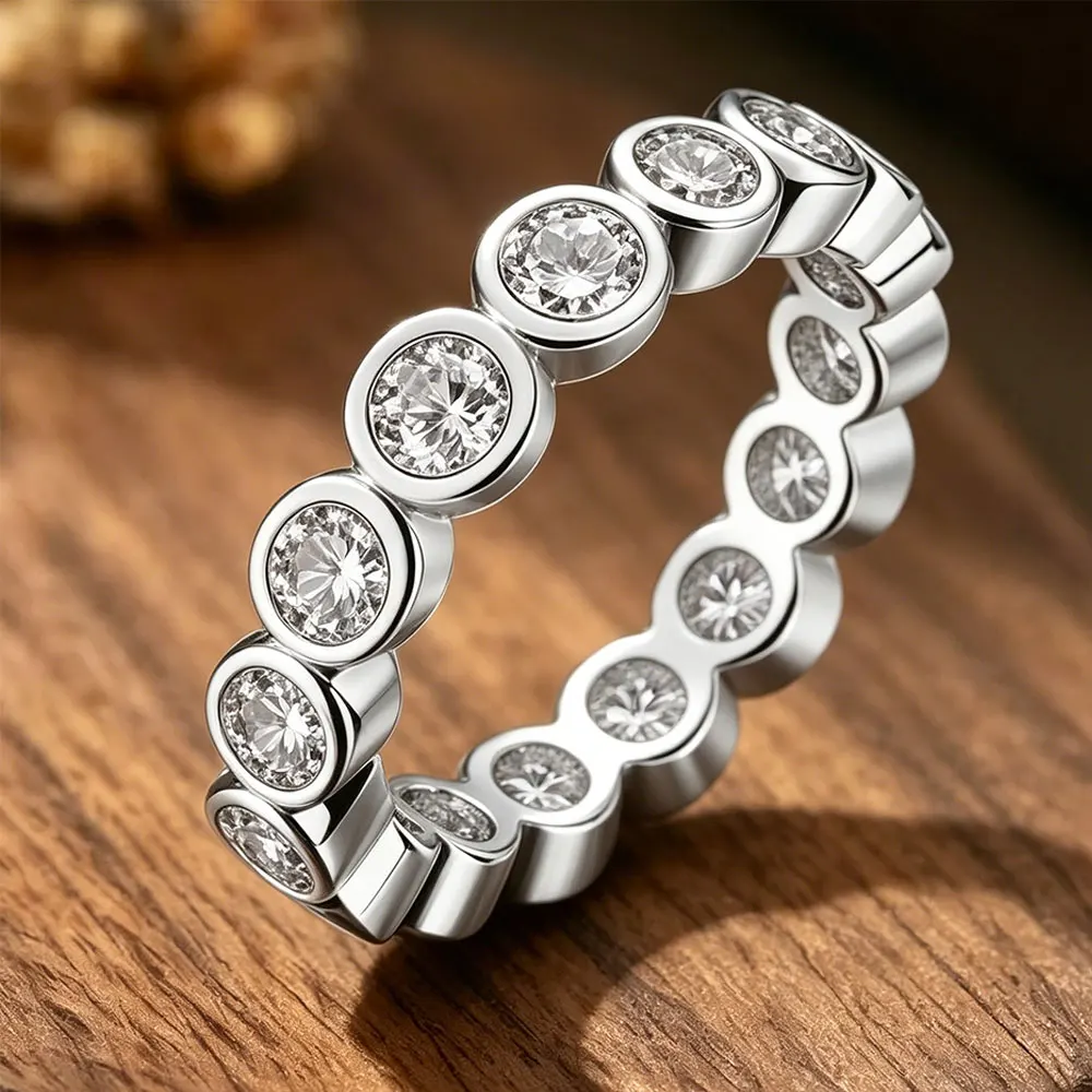 KANOLAN D VVS1 2/3mm Moissanite Eternity Band Ring S925 Sterling Silver 14K Gold Plated Bezel Wedding Stackable Ring For Women