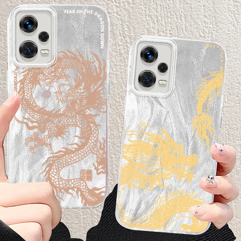 Golden Dragon Year Graphic dla Xiaomi Redmi Note 13 12 11 11S 10 10S 9 9S 8 Pro Plus Max 5G Feather Yarn Back Phone Case