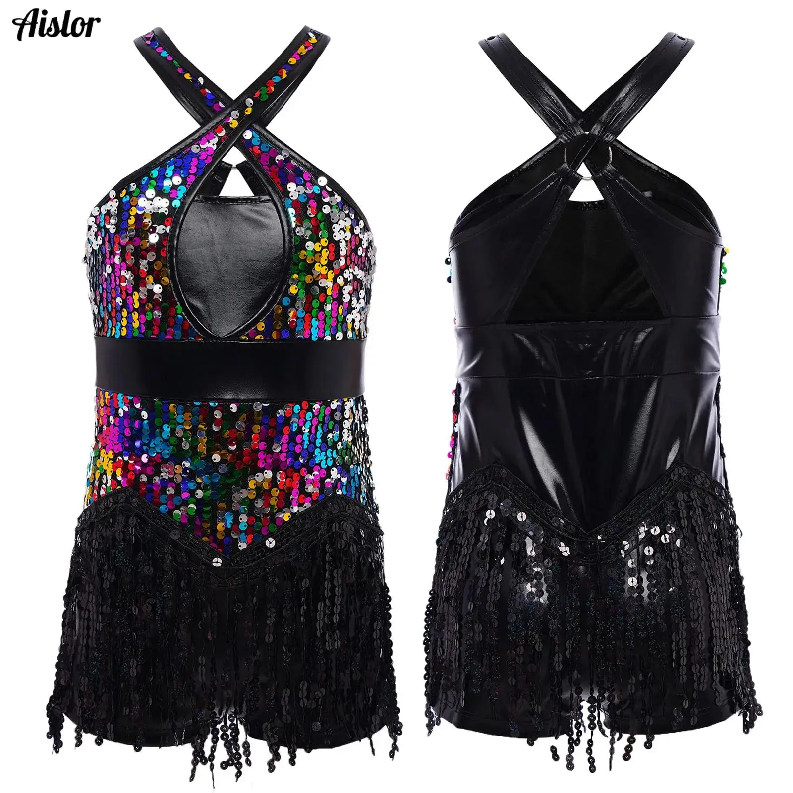 

Kids Girls Fringed Latin Dance Leotard Dress Sparkly Sequins Tassel Skirted Bodysuit Cha-Cha Jazz Street Dance Costume Dancewear