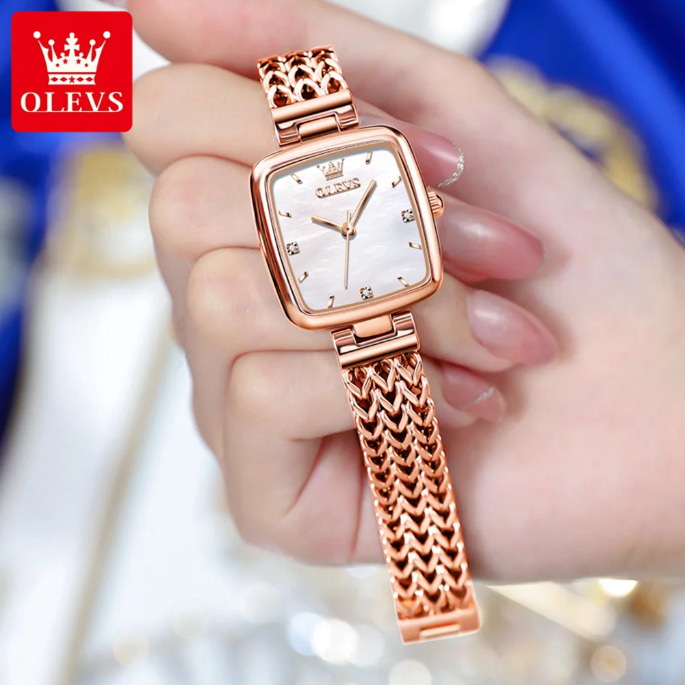 OLEVS 9951 Luxury Quartz Watch for Women Solid Stainless Steel Strap Rose Gold Women\'s Watches Elegant Square Ladies Wristwatch