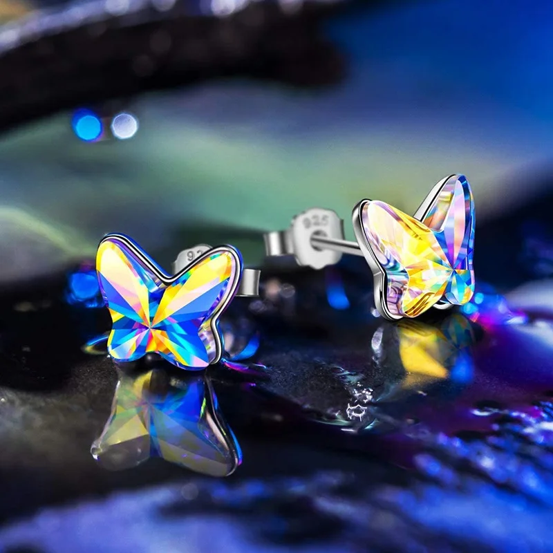 Simple Rainbow Butterfly Stud Earrings Exquisite Fashion Crystals Earring Jewelry Mothers Day Birthday Gifts