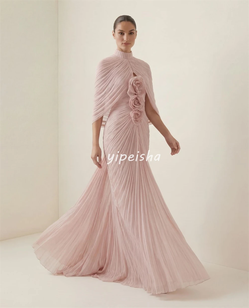 Customized Simple Women Chiffon Handmade Flower Ruched Straight Evening Dresses Fashion High Collar Sleeveless Long Prom Dresses