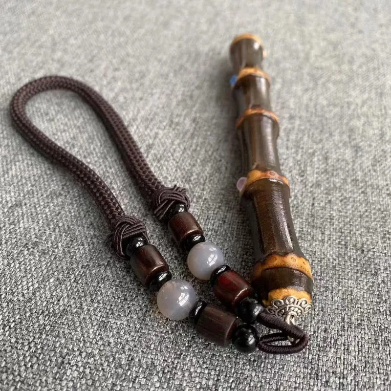Purple Bamboo Root Handpiece Solid Bamboo Yu Bamboo Carving Craft Inlaid Rattan Hematite Bracelet Handmade Wooden Artwork Gift