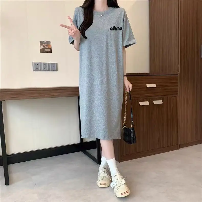 T-shirt ample mi-long avec fentes, jupe d'été coréenne en Fiber de Polyester pour femmes, ronde Ne ort Sve Dr