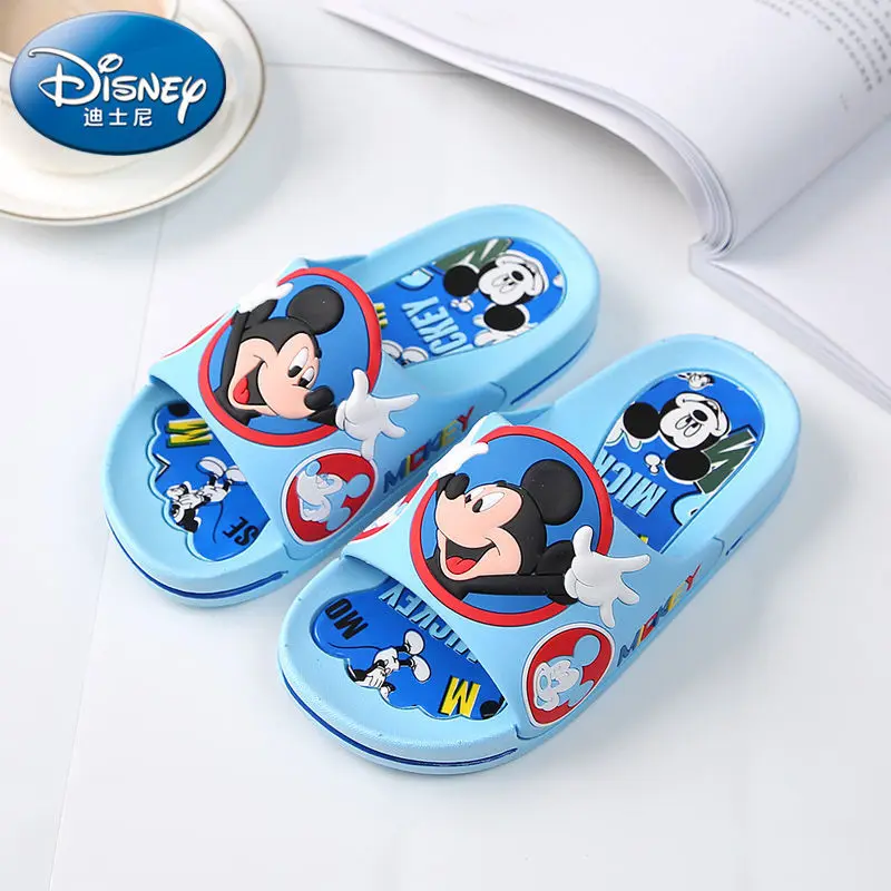 Disney Children\'s Slippers Summer Boys Girls Indoor Home Bathroom Non-slip Mickey Minnie Slippers Blue Pink Shoes Size 15-16cm