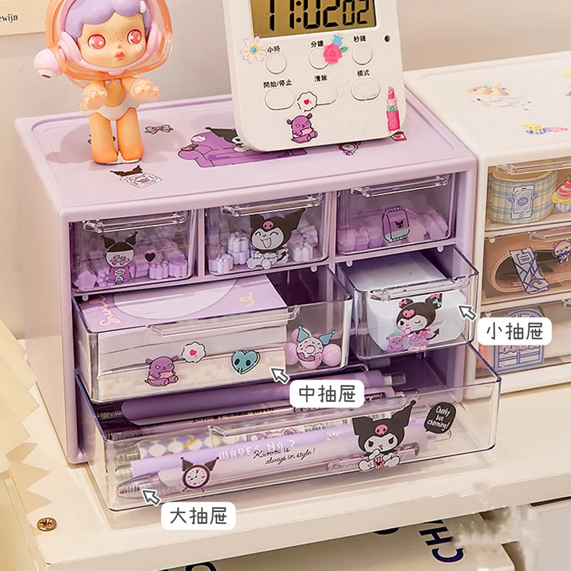 Caja de almacenamiento de objetos pequeños, cajón de escritorio de dibujos animados, Sanrio, nueve compartimentos, joyería linda, papelería