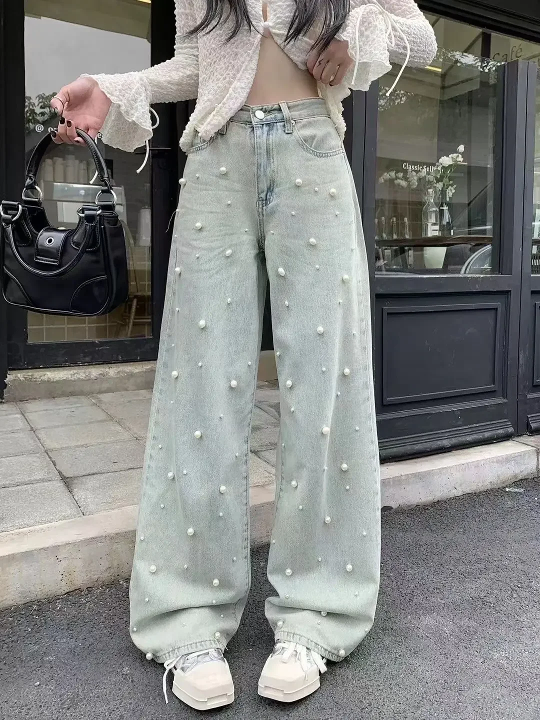 Retro Pearl Jeans with High Waist and Wide Legs Women's Early Autumn New Straight Pants Loose and Slim Long Pants women jeans