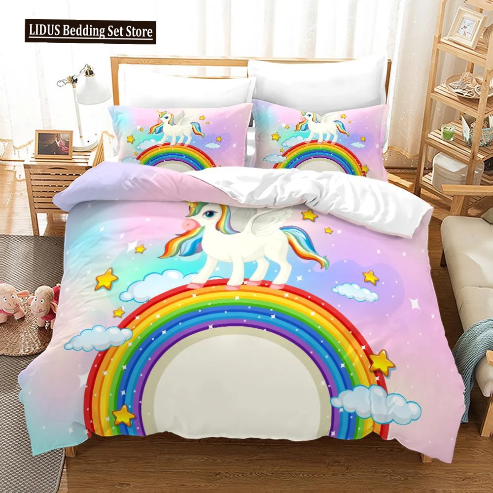 

Rainbow Unicorn Duvet Cover Set With Pillowcase King Queen Full Size Polyester Comforter Cover Bedding Set For Kids Girls Boys