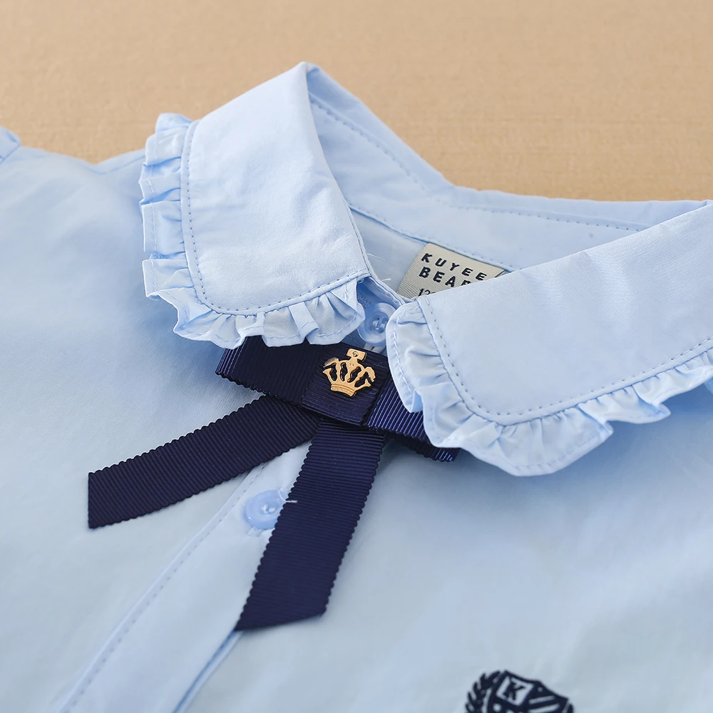 Mädchen Rüschenkragen-Hemd 5-12 Jahre Langarm 100% Baumwolle Kinder Schuluniform Bluse Polyester Kinder Alltags-Oberteil – Detail 4