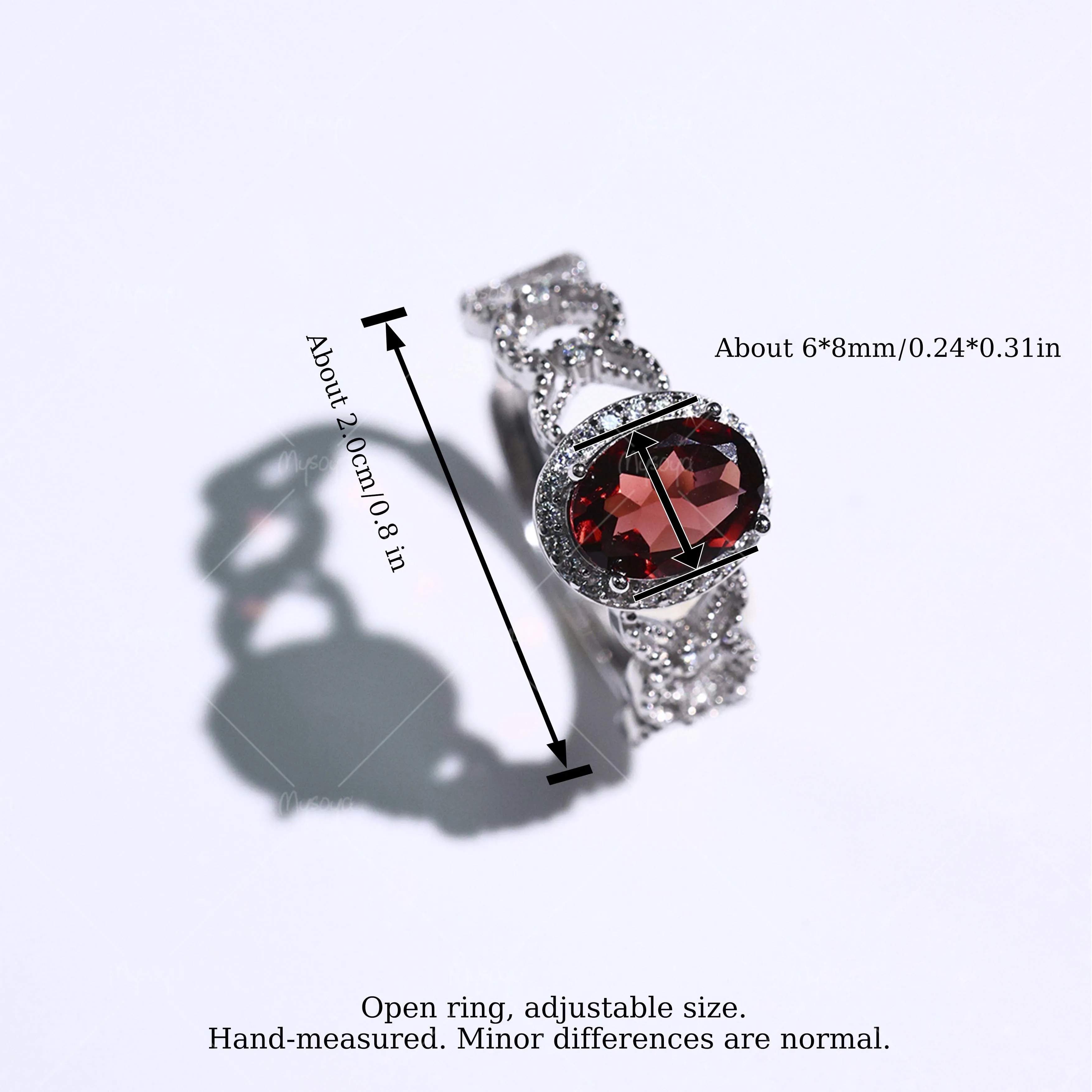 MYSOYA Hollow Ring with Natural Garnet, 6×8mm Garnet 1.29ct, Gift Box Included, January Birthstone SC09