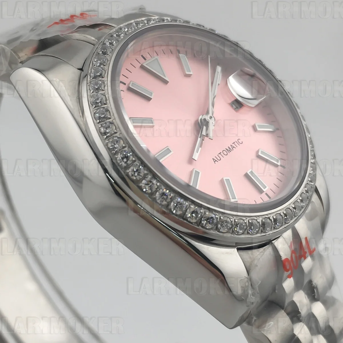 NH05 31mm 高級レディース機械式自動巻き時計、ダイヤモンドベゼル装飾、ピンク夜光文字盤、サファイアガラス、防水性