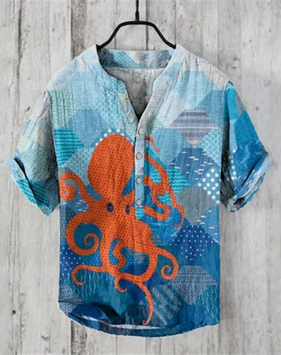 メンズシャツエスニックスタイル 3D 印刷メンズファッションプラスサイズボタンスタンドカラー半袖シャツ紳士服ハワイファスト d