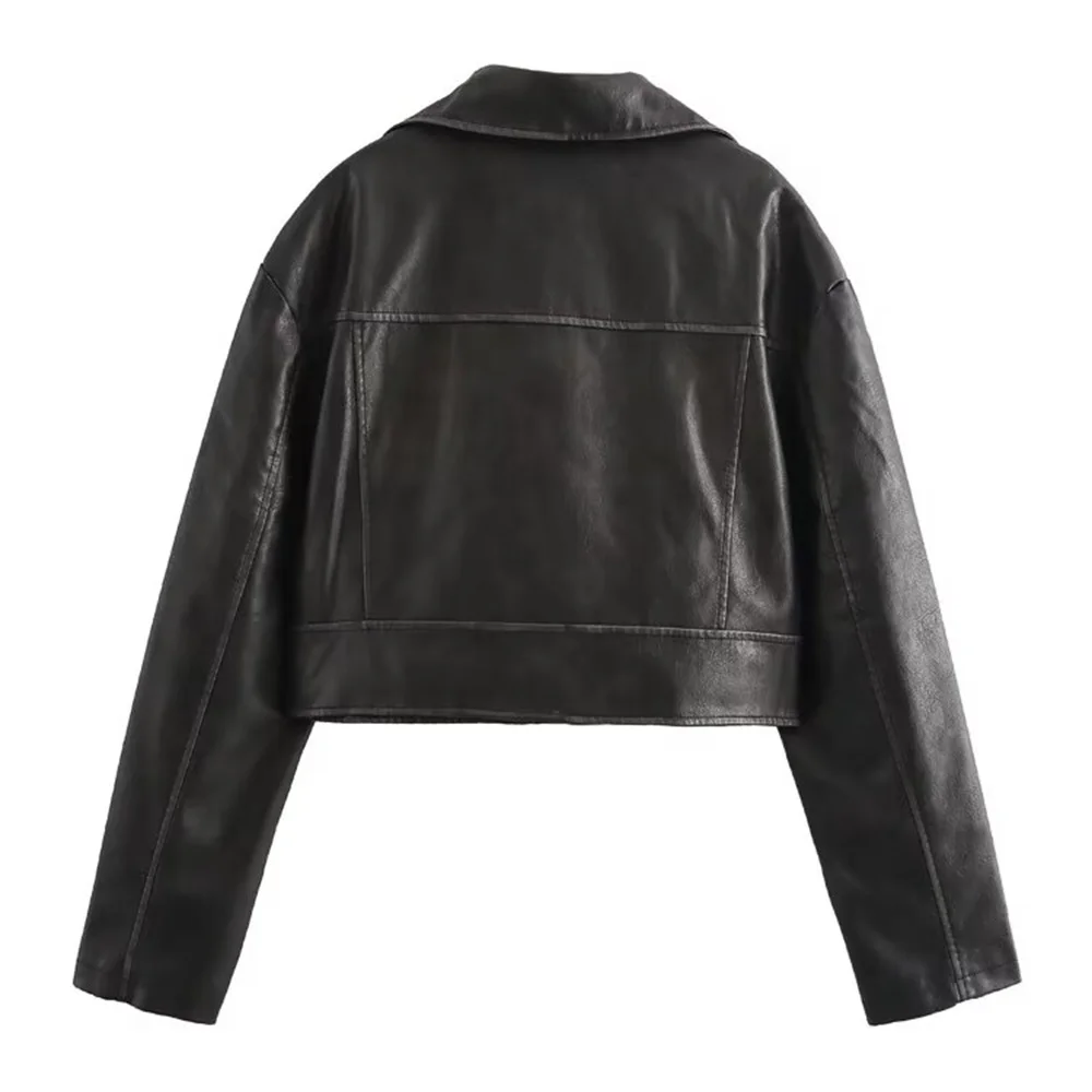 سترة جلدية فضفاضة ذات طية صدر السترة مزخرفة بحزام خصر مغسول فستان نسائي جديد للخريف والشتاء