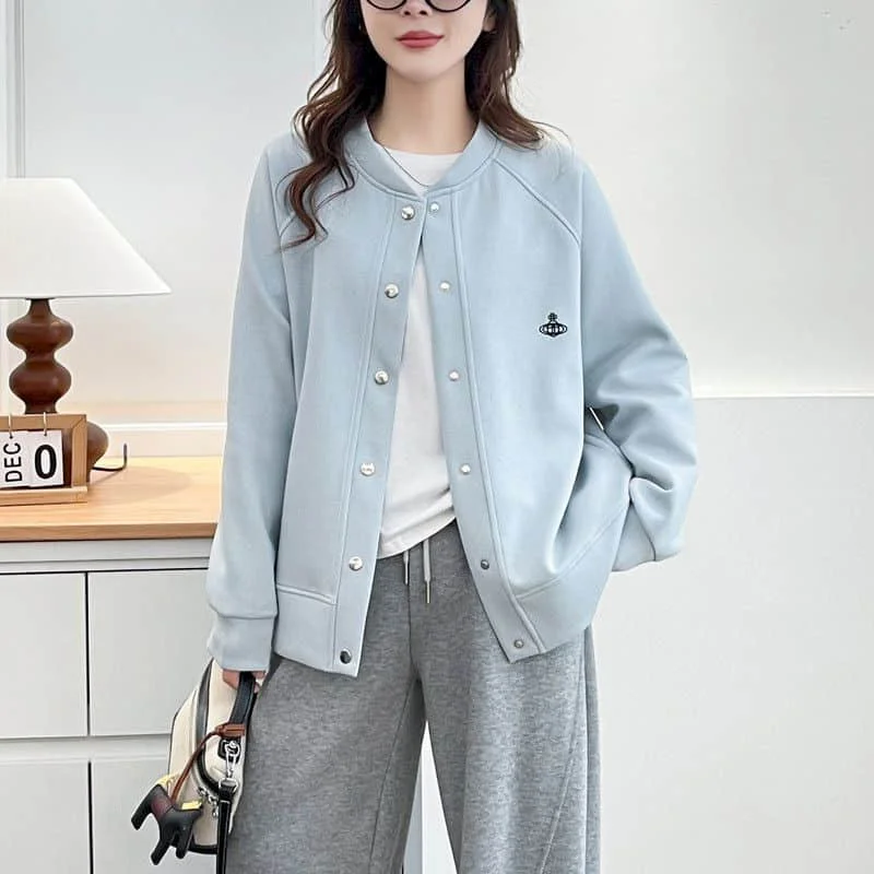 

Бейсбольные куртки для женщин, свободные однотонные кардиганы в корейском стиле с круглым вырезом, однобортные пальто с длинными рукавами, зимняя женская одежда