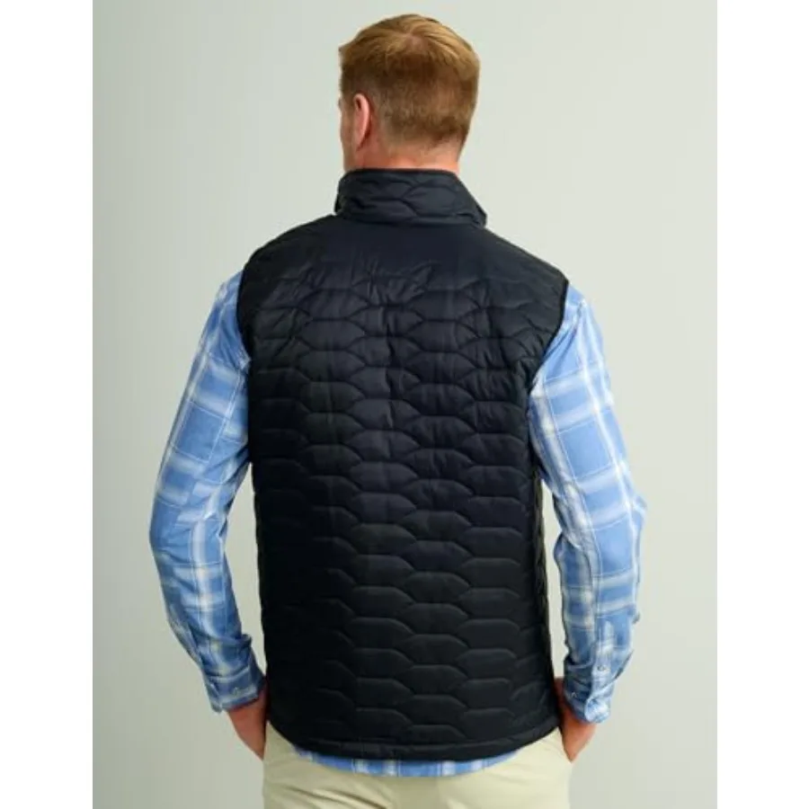 Men's fishing vest for outdoor performance use, nylon with DWR coating, navy blue, lightweight insulated with multiple utility