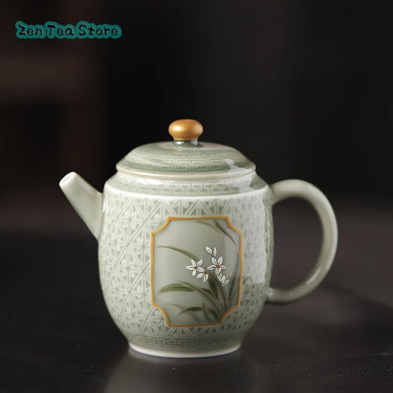 Hand-painted Daffodil Window Pot Yue Kiln Celadon Teapot Ceramic Gold Cover Button Small Household Kung Fu Tea Set Single Pot