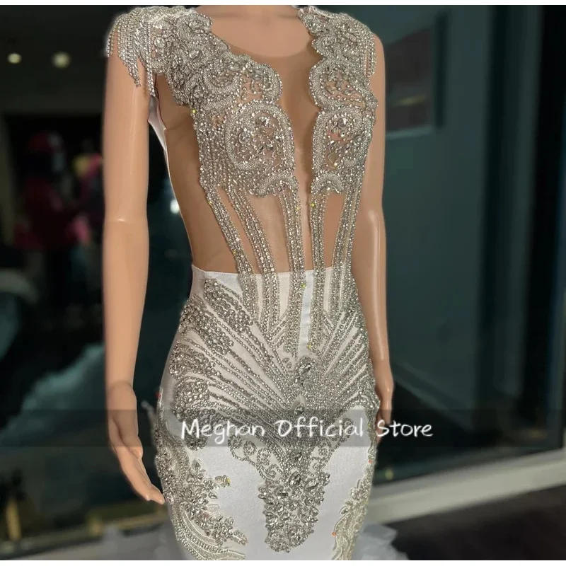 فساتين حفلة موسيقية أمريكية أفريقية فاخرة للفتيات السود حورية البحر شفافة مكشكشة كريستال المرأة رداء دي سواريه ثوب مسائي مخصص #2