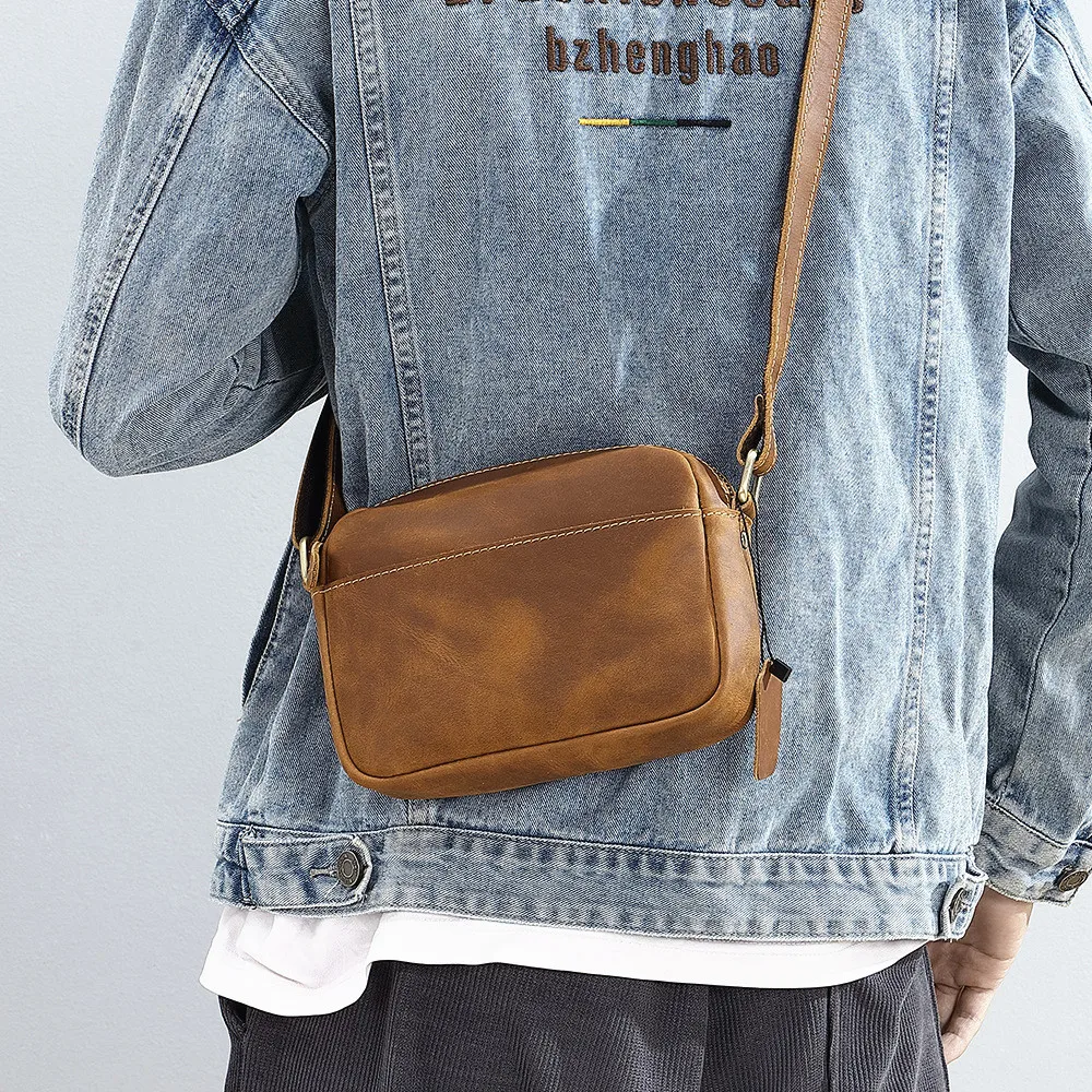Retro Crazy  Leather Shoulder Bag Simple Casual Crossbody Small Square Bag for Men And Women Fashionable Phone Bag