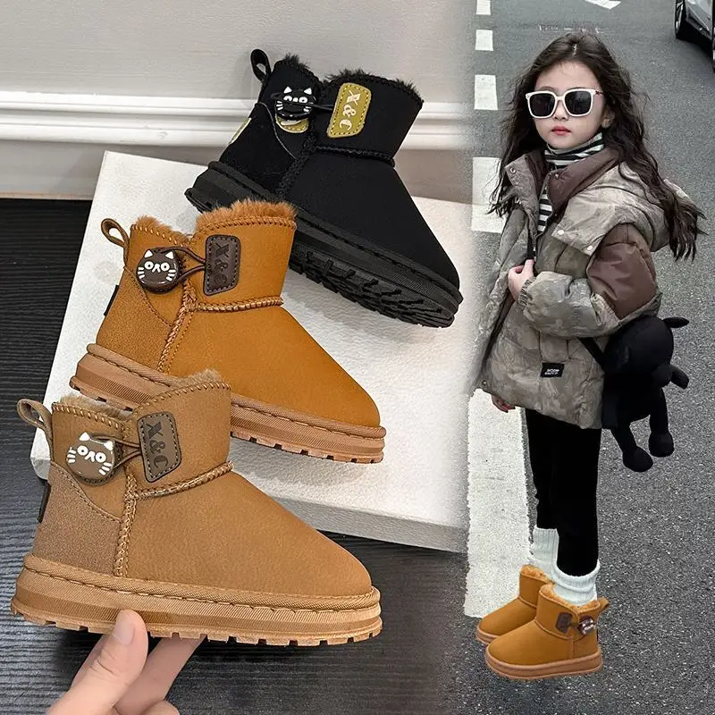 

Kids Water Resistant Leather Snow Boots 2026 Winter Warm Fleece Lined Shoes Thick Cotton Lining Unisex Children Winter Footwear