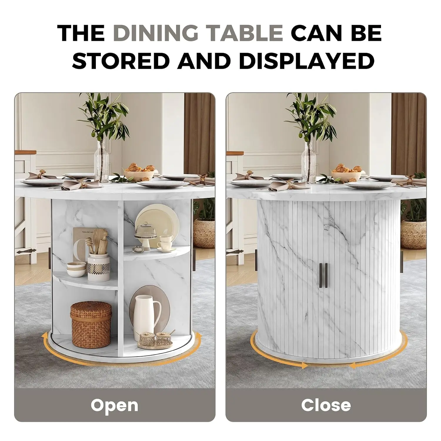 5-Piece Round Faux Marble Dining Table Set with Storage Shelf & Sliding Cabinet, 4 Fabric Chairs, 47 Inch, Customized