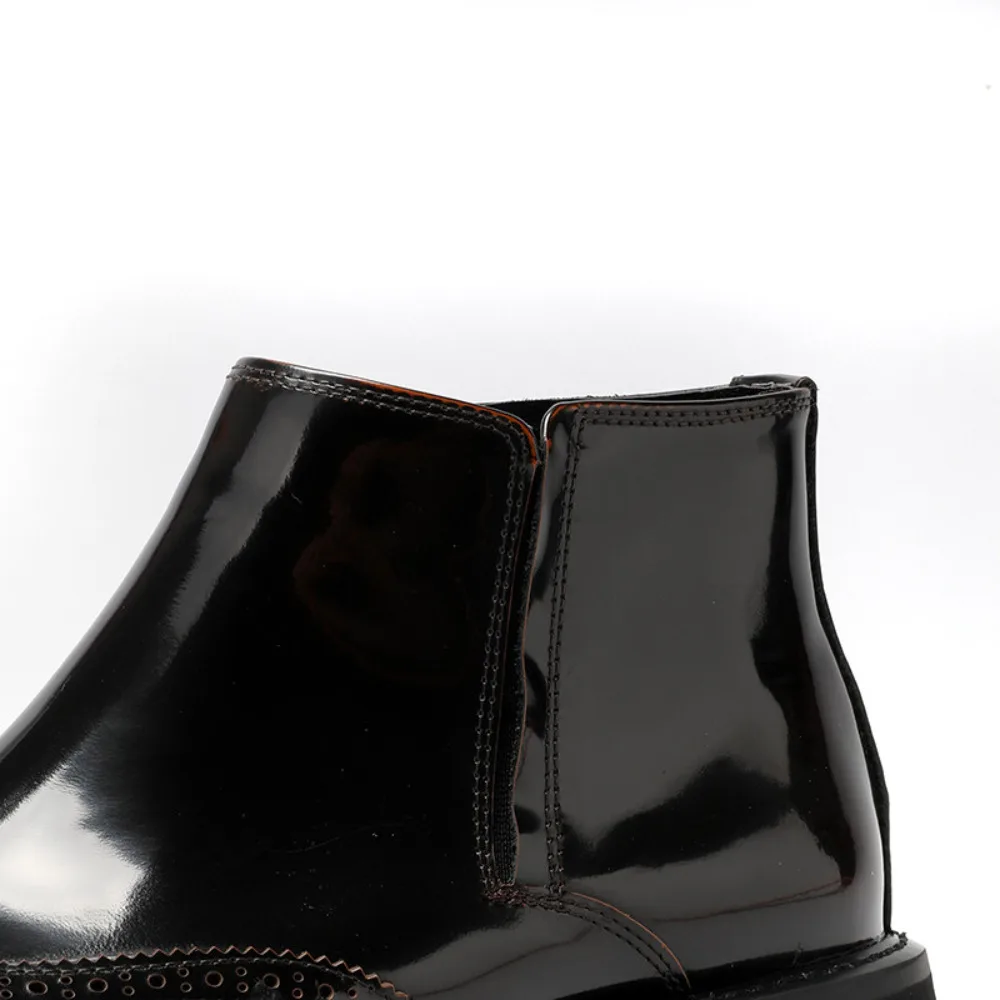 Trendy Men's Brogue Boots Genuine Leather Glossy Toe Cap Thick Sole Side Zipper Ankle High Carved Boots