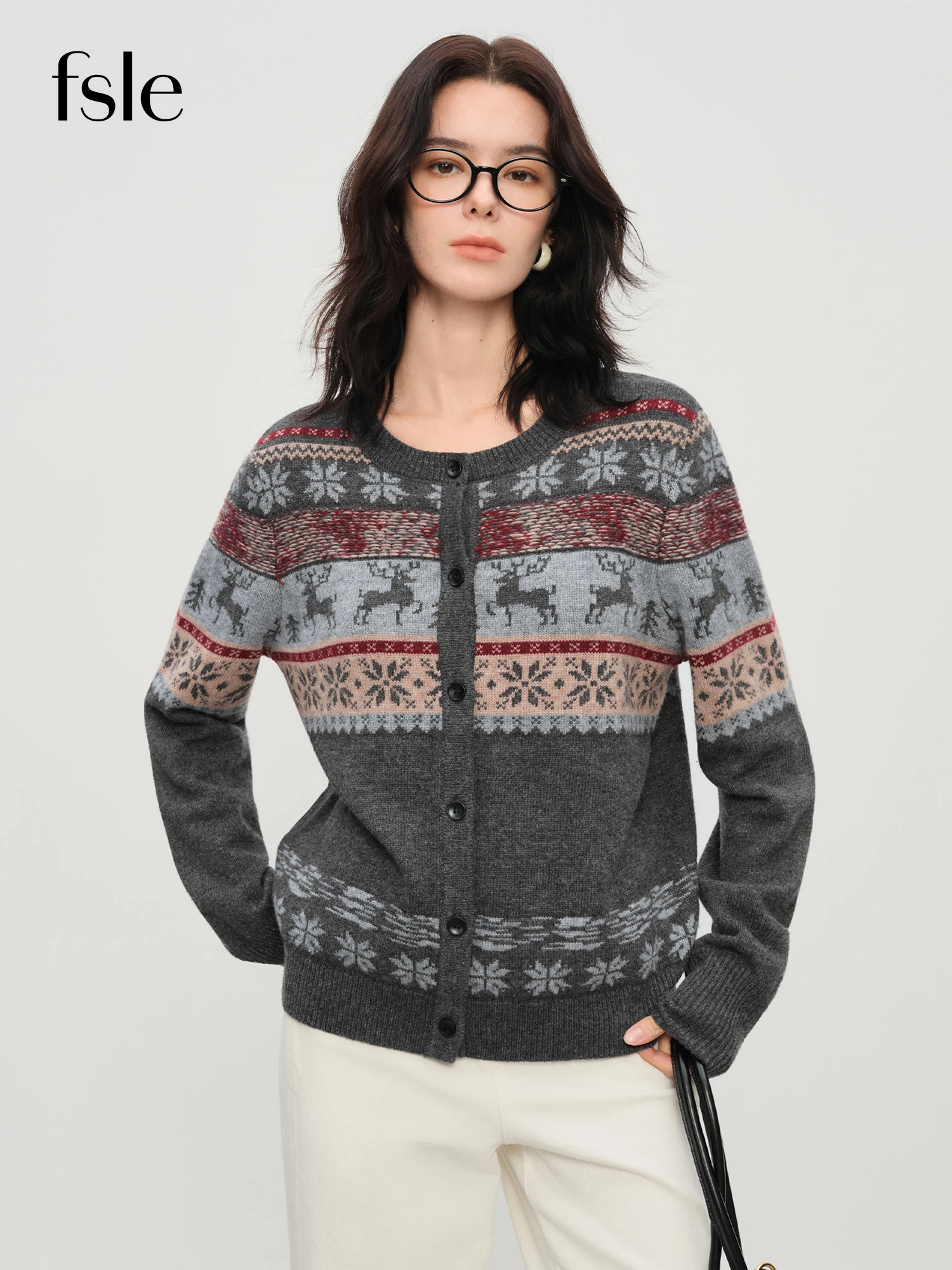 

FSLE Christmas Sweater Women's Fair Isle Pattern Long Sleeve Knit Cardigan 2025 Winter Wool Blend Sweater Cozy Chic Casual Top