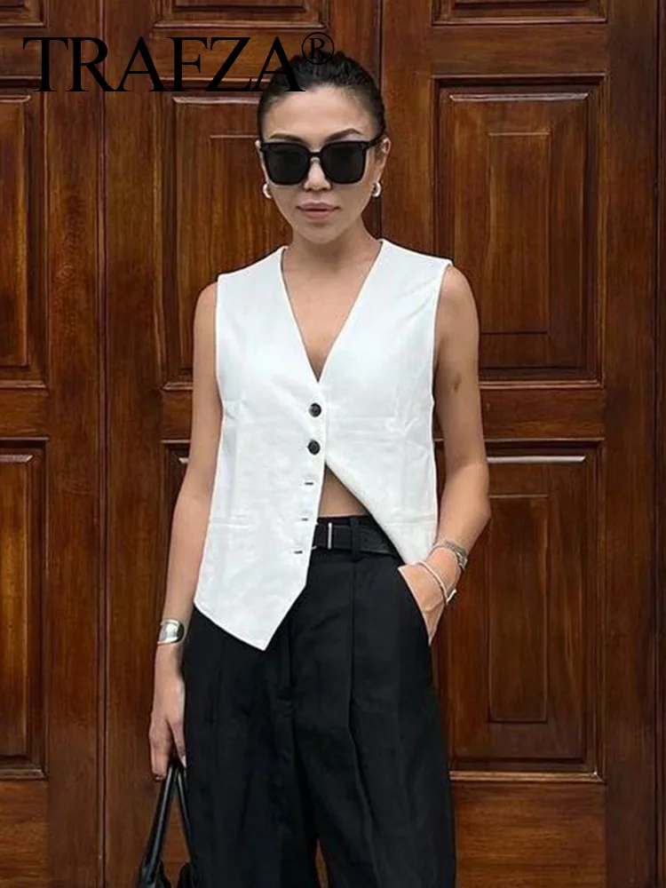 TRAFZA Summer Solid V-neck Sleeveless Vest for Woman Elegant Single Breasted Slim Waistcoat Pockets Office Lady Casual Vest Tops