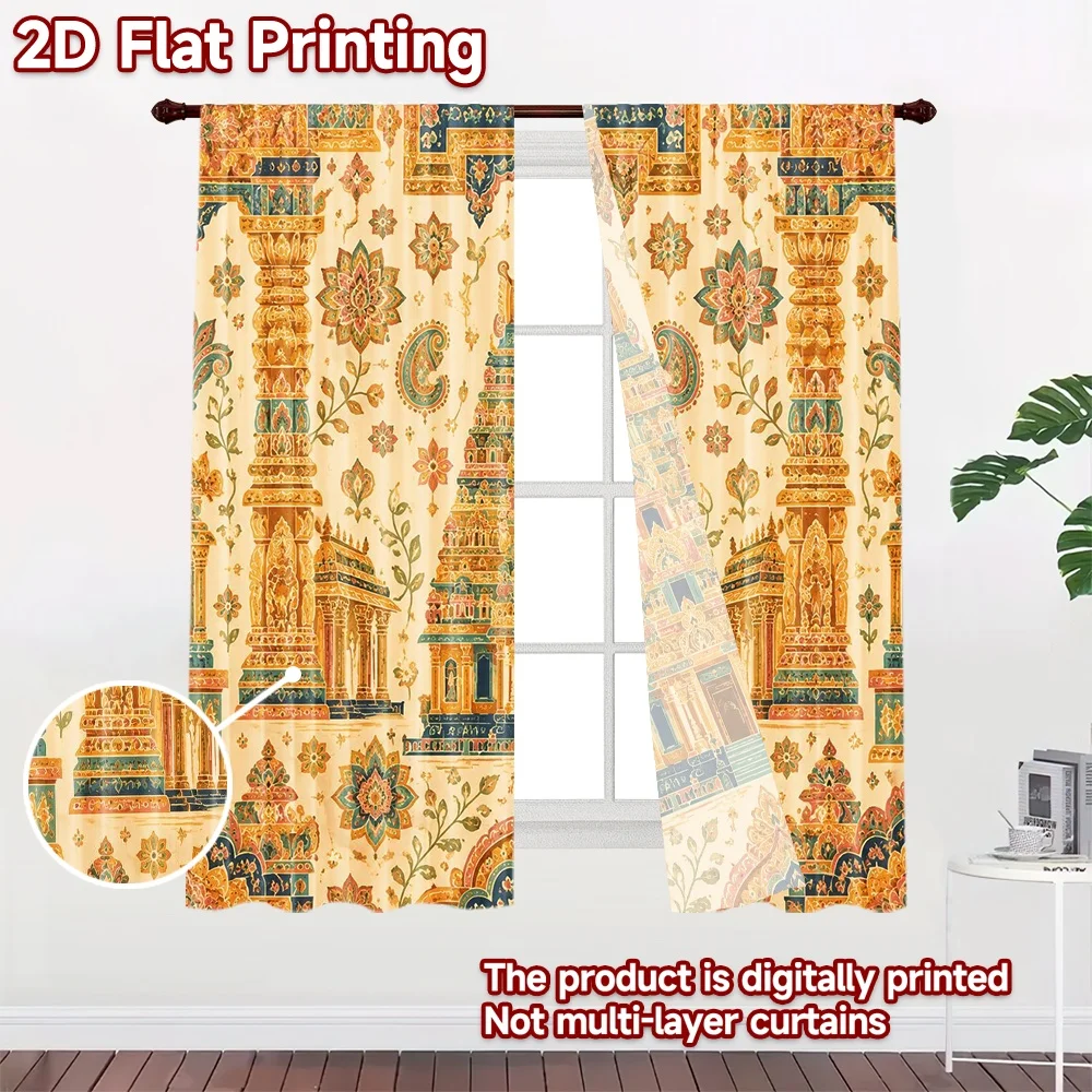 2D flat 2pcs Curtain Vintage drapes Curtains Indian Temple Floral Motifs Durable polyester fiber Party Decorations for Entryway